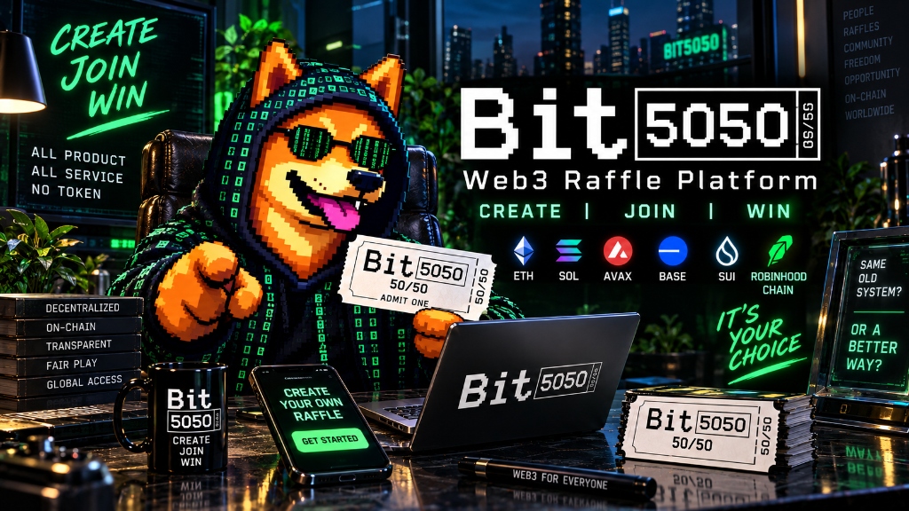 BIT5050 crypto raffle smart contract — create, join, and win on-chain 50/50 raffles across ETH, SOL, AVAX, Base, and Sui