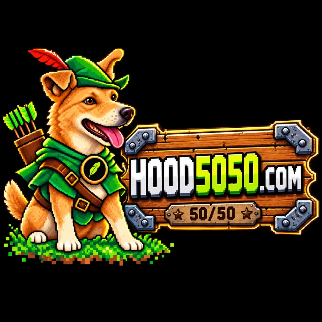 HOOD5050 HOOD Raffle mascot — pixel art Robin Hood dog on Robinhood Chain