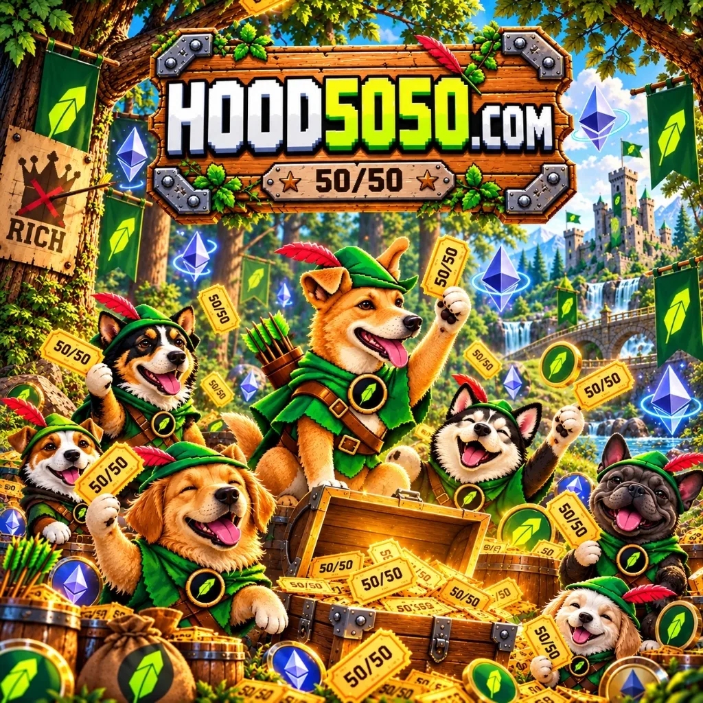 HOOD5050 Robinhood Chain raffle — Robin Hood dogs celebrating a 50/50 raffle win