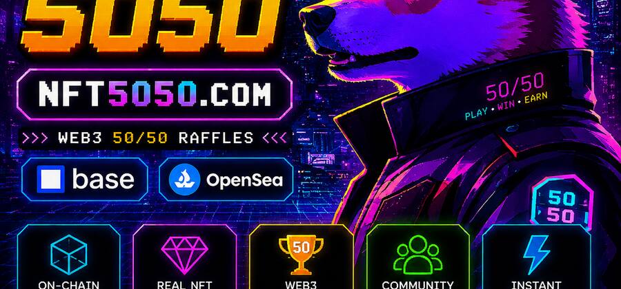 NFT5050 wallet-free entry flow — sign in with email or social login via Privy, self-custodial wallet created automatically, enter NFT raffle instantly